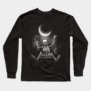 Skeleton swinging under moon and making rock hand symbols Long Sleeve T-Shirt